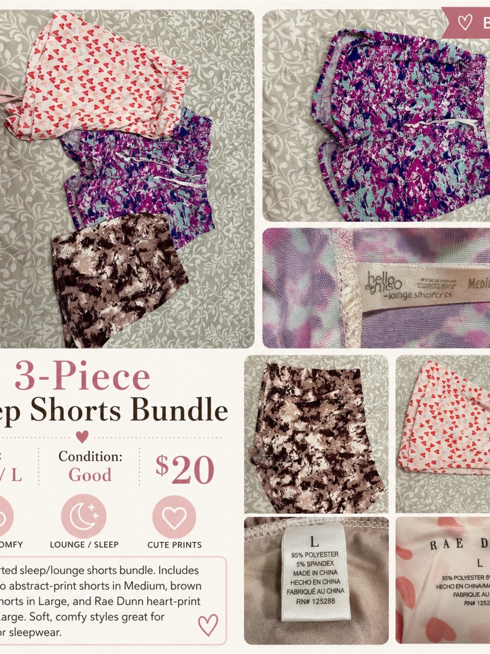 3-Piece Lounge Shorts Bundle - Purple Abstract, Brown, Pink Heart